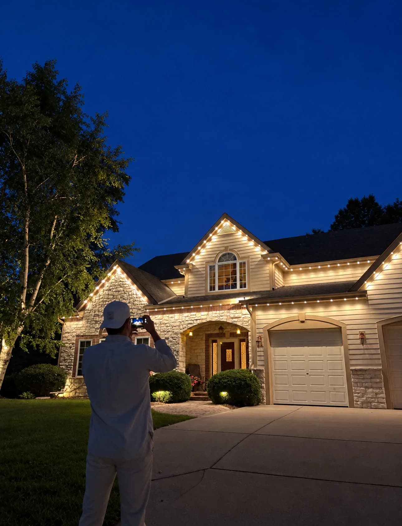 A man in a white cap photographing a finished warm-white permanent lighting install on a two-story stone-and-siding home at dusk