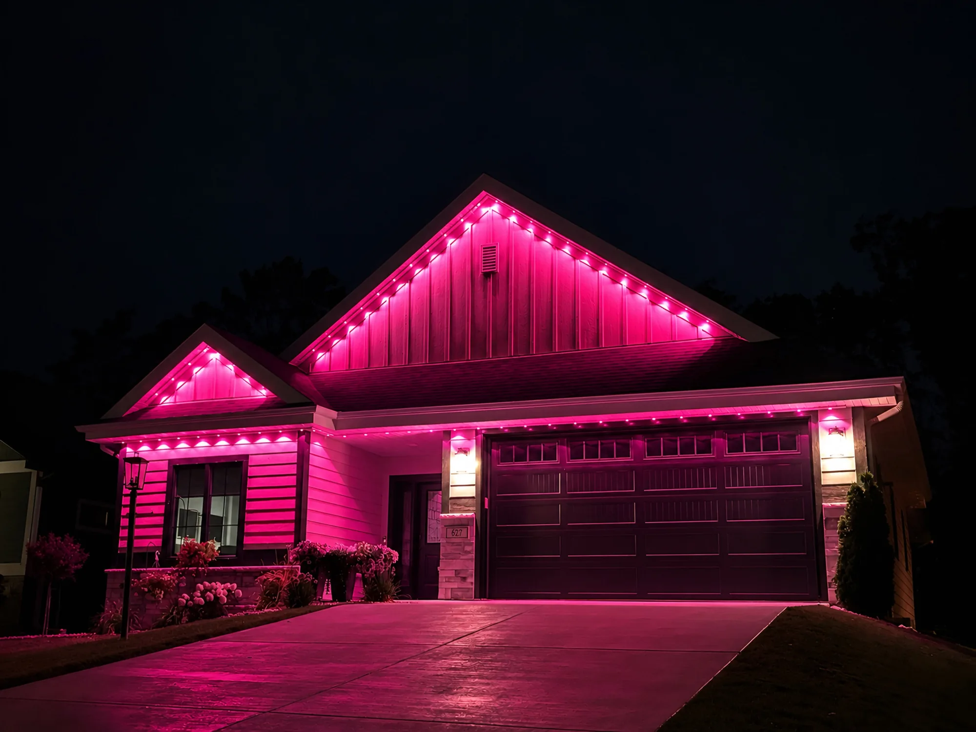 Real Kussmaul Co. permanent lighting running a magenta scene across a home's roofline at night