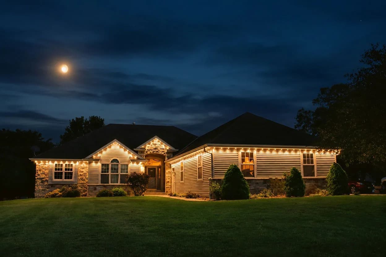 Real Kussmaul Co. permanent lighting glowing warm white on a ranch home under a rising moon