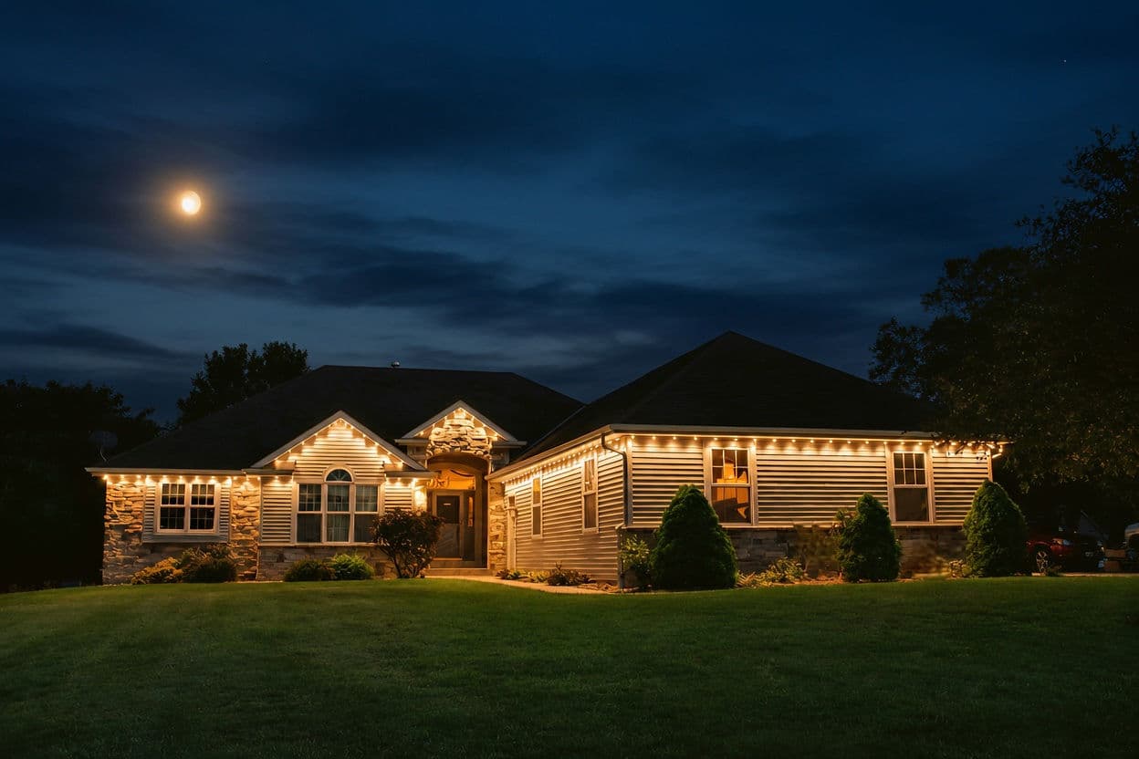 Real Kussmaul Co. permanent lighting installation lit warm white along a roofline at night