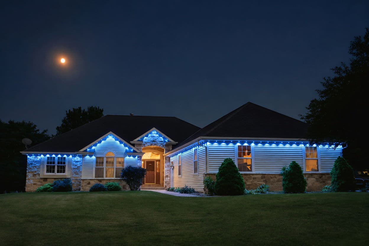 Real Kussmaul Co. permanent lighting running a blue scene across a home's roofline under a rising moon