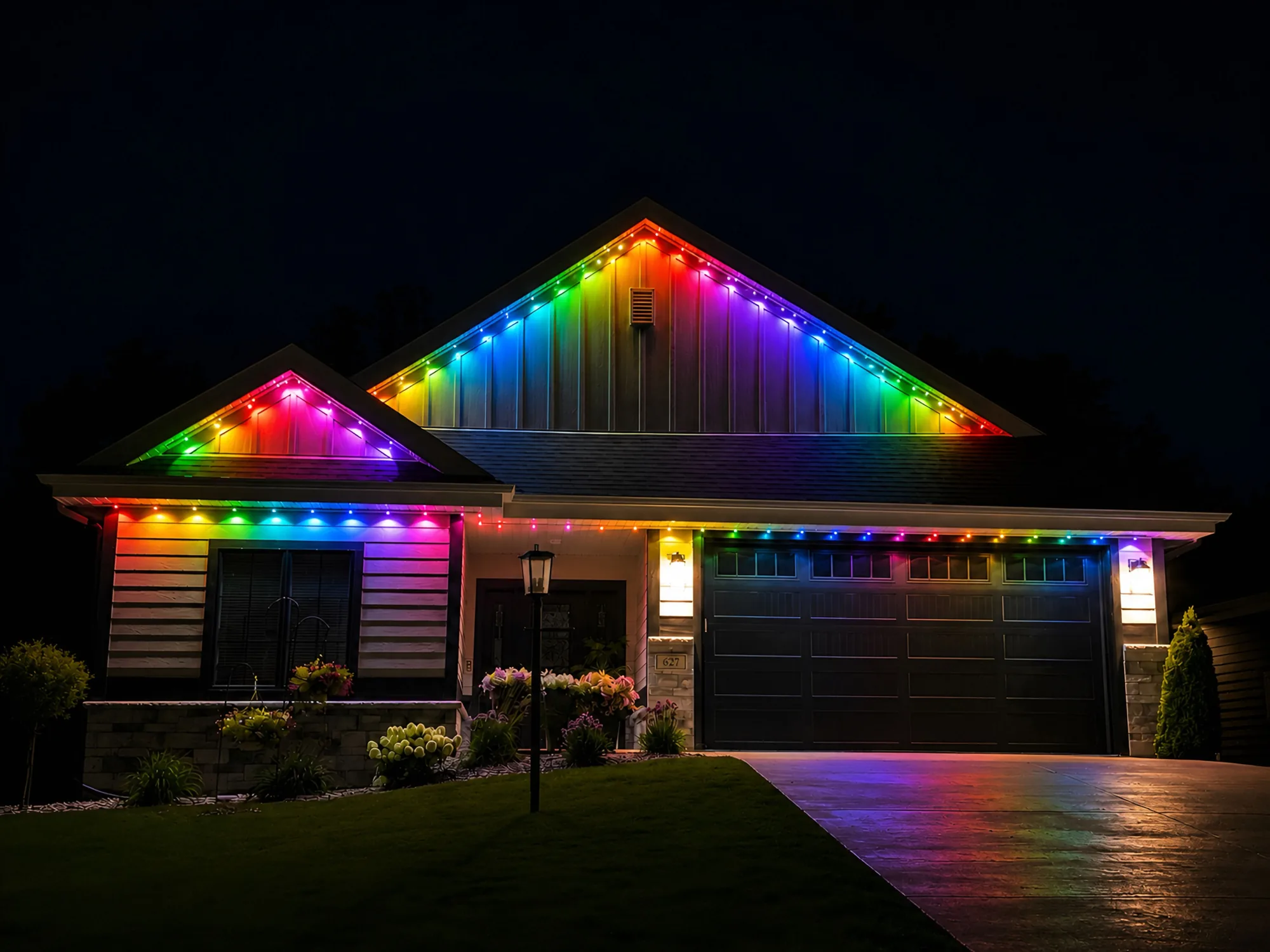Real Kussmaul Co. permanent lighting running a full-color rainbow scene across a home's roofline